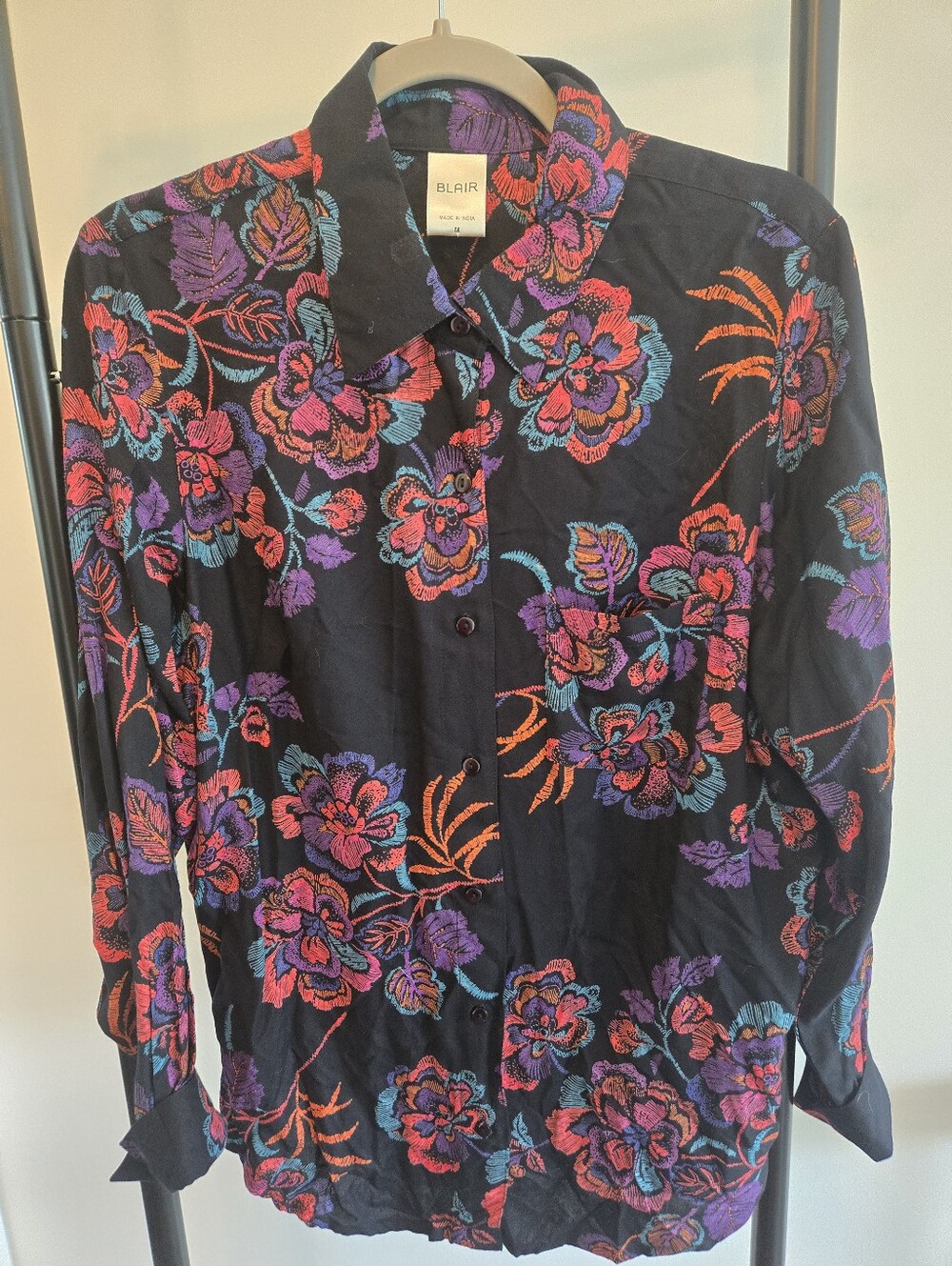 Blair Women's Button Floral Blouse Black Multicolor Long Sleeve Collar Shirt